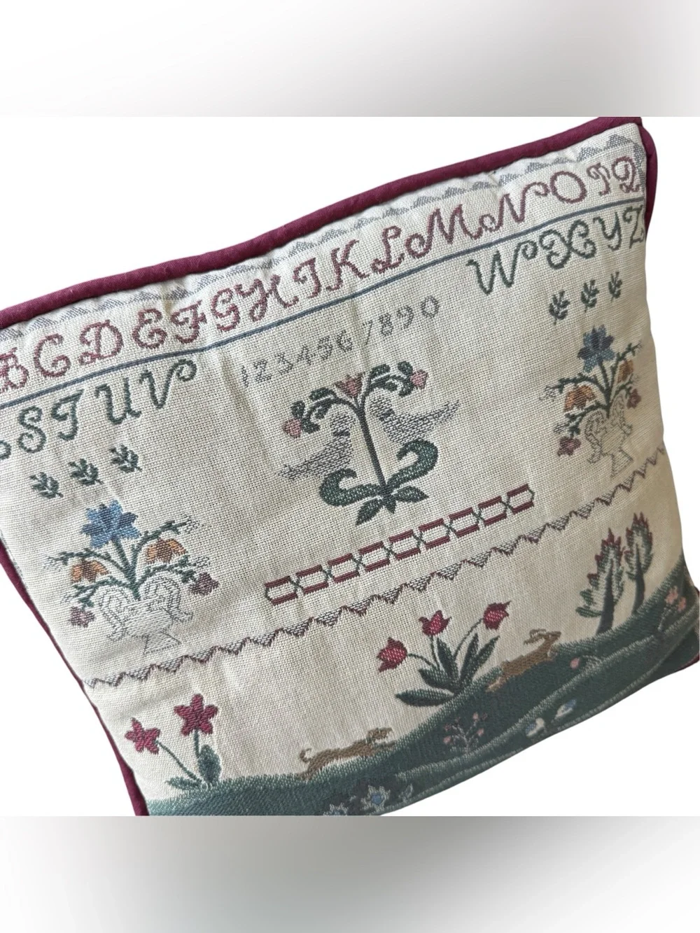 Vintage Folk Art Sampler Tapestry Pillow Cottagecore Grandmillennial Bunny Decor